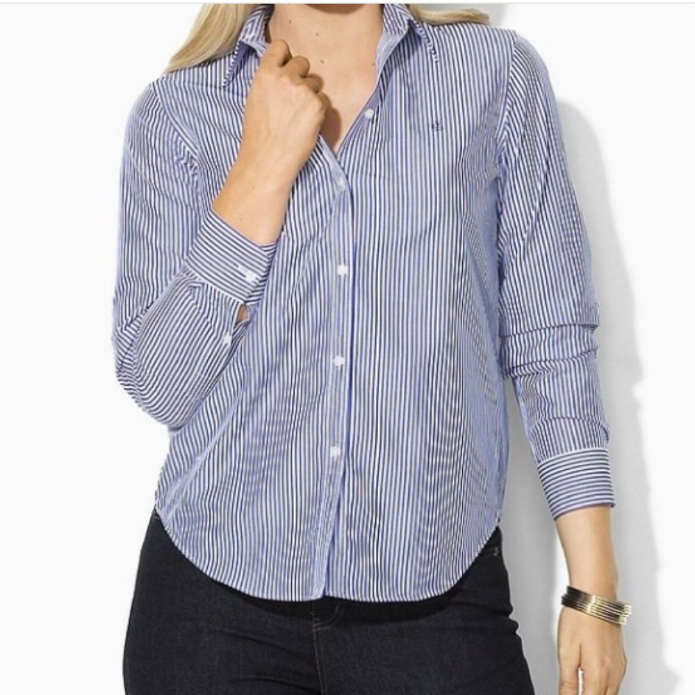 Jones NY Classic Blue Striped Button Down Shirt Preppy Coastal Oxford Workwear